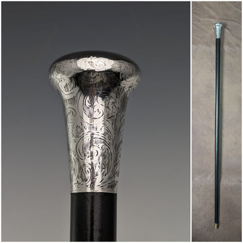 1922年 英国アンティーク 紳士用ステッキ 彫刻純銀 丸ハンドル ブラックシャフト 90cm TD